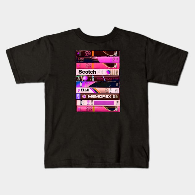 90s Retro VHS Tapes Neon Pink Kids T-Shirt by ShinyPlasticRainbow